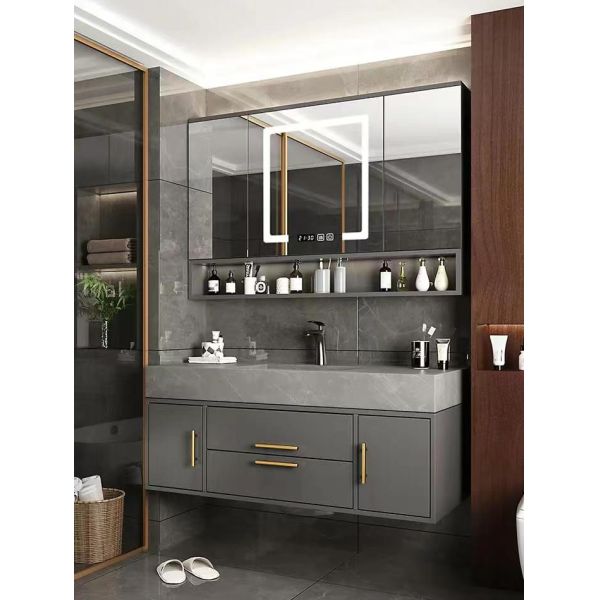 Solid Wood Door Material Sliding Bathroom Mirror Cabinet With Light Handle-Free Design