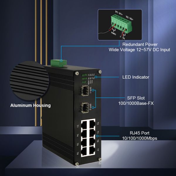 Outdoor PoE Switch 8 Port 10/100/1000T 802.3at To 2-Port 1000BASE-X Fiber Gigabit Ethernet Switch