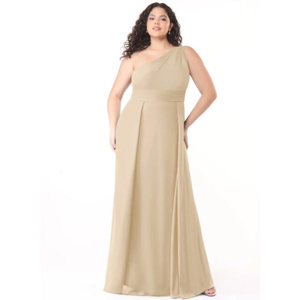 Popular A-Line One-Shoulder Chiffon Floor-Length Bridesmaid Dress Champagne Sleeveless Side Zip Pleated